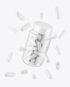 Clear Pills Jar with Flying Pills Mockup