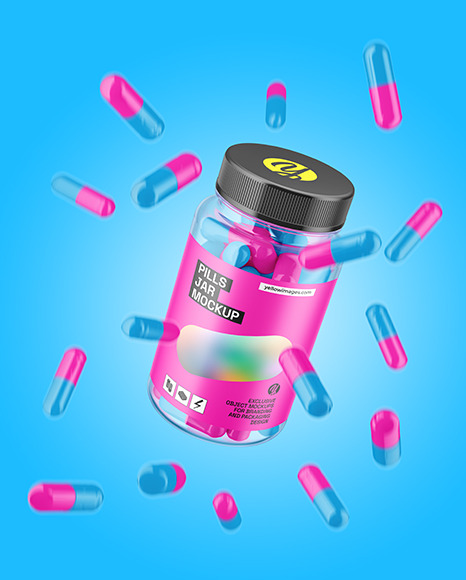 Clear Pills Jar with Flying Pills Mockup