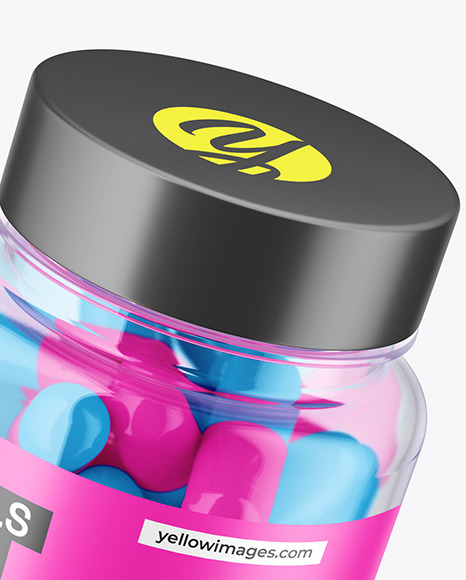 Clear Pills Jar with Flying Pills Mockup