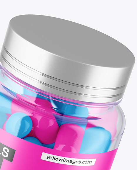 Clear Pills Jar with Flying Pills Mockup