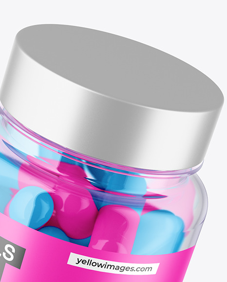 Clear Pills Jar with Flying Pills Mockup