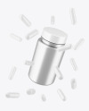 Metallic Pills Jar with Flying Pills Mockup