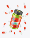 Metallic Pills Jar with Flying Pills Mockup