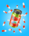 Metallic Pills Jar with Flying Pills Mockup