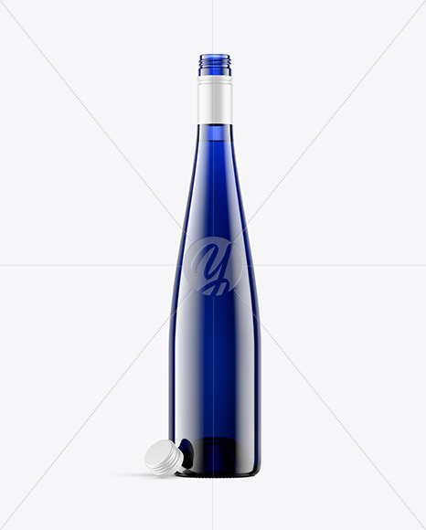 Opened Blue Glass Bottle With White Wine Mockup