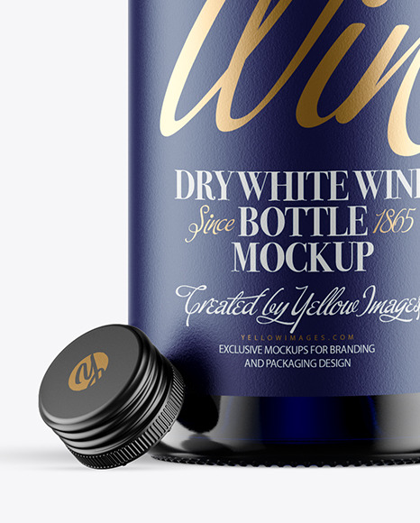 Opened Blue Glass Bottle With White Wine Mockup