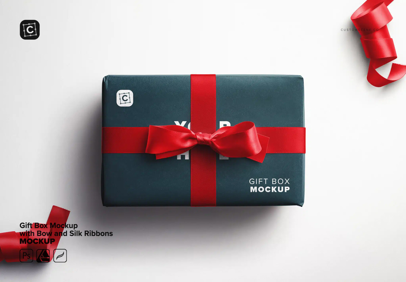 Gift Box Mockup with Bow and Silk Ribbons