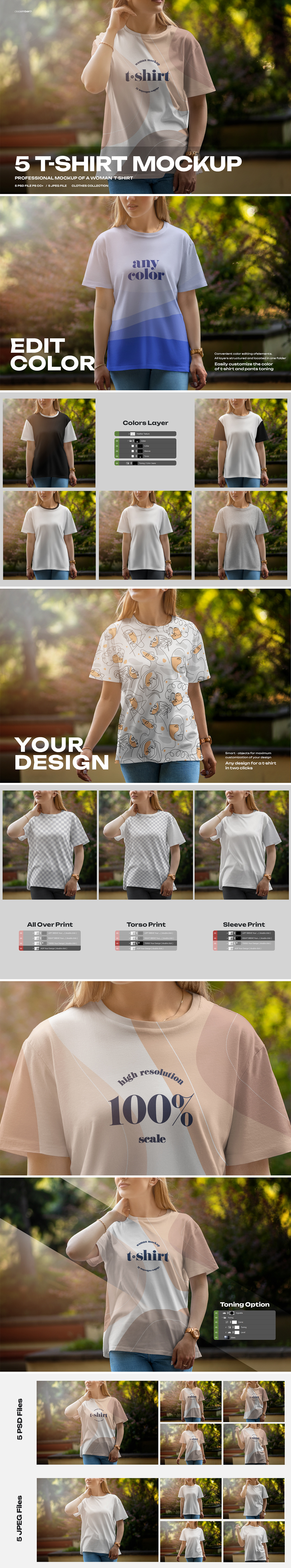 5 Mockups T-Shirt on a Girl Walking in the Park