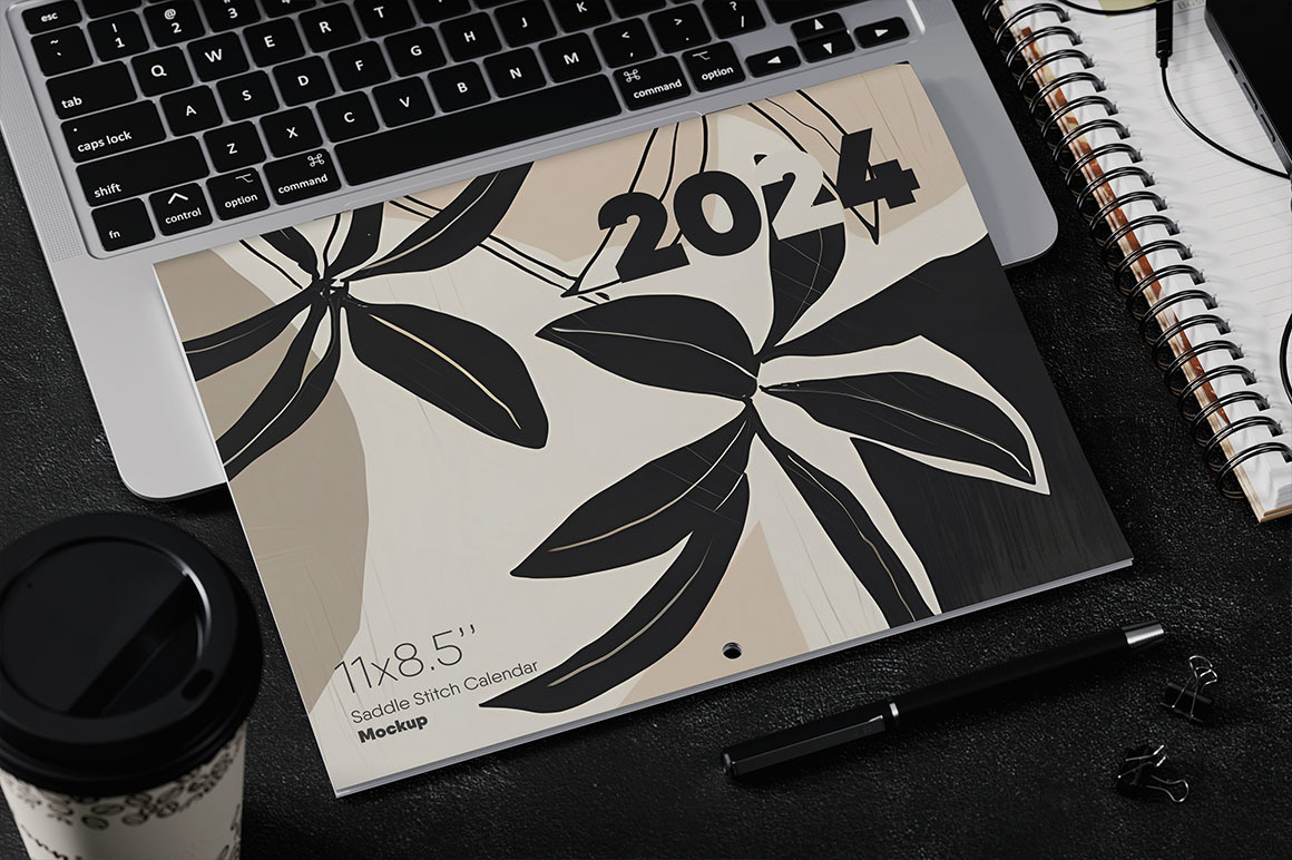 Saddle Stitch Calendar on Laptop Mockup Saddle Stitch Calendar on Laptop Mockup