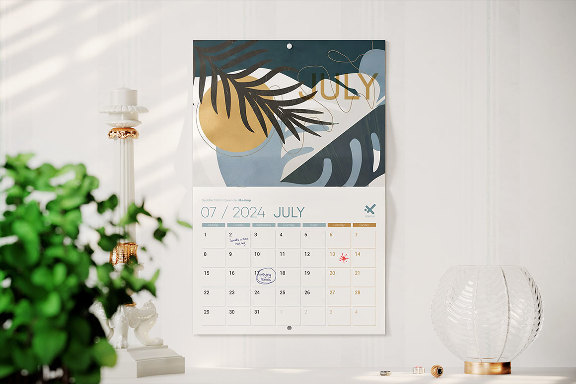 Saddle Stitch Calendar on the Wall Mockup