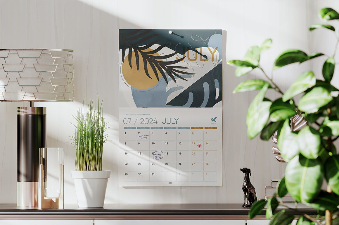 Saddle Stitch Calendar on the Wall Mockup