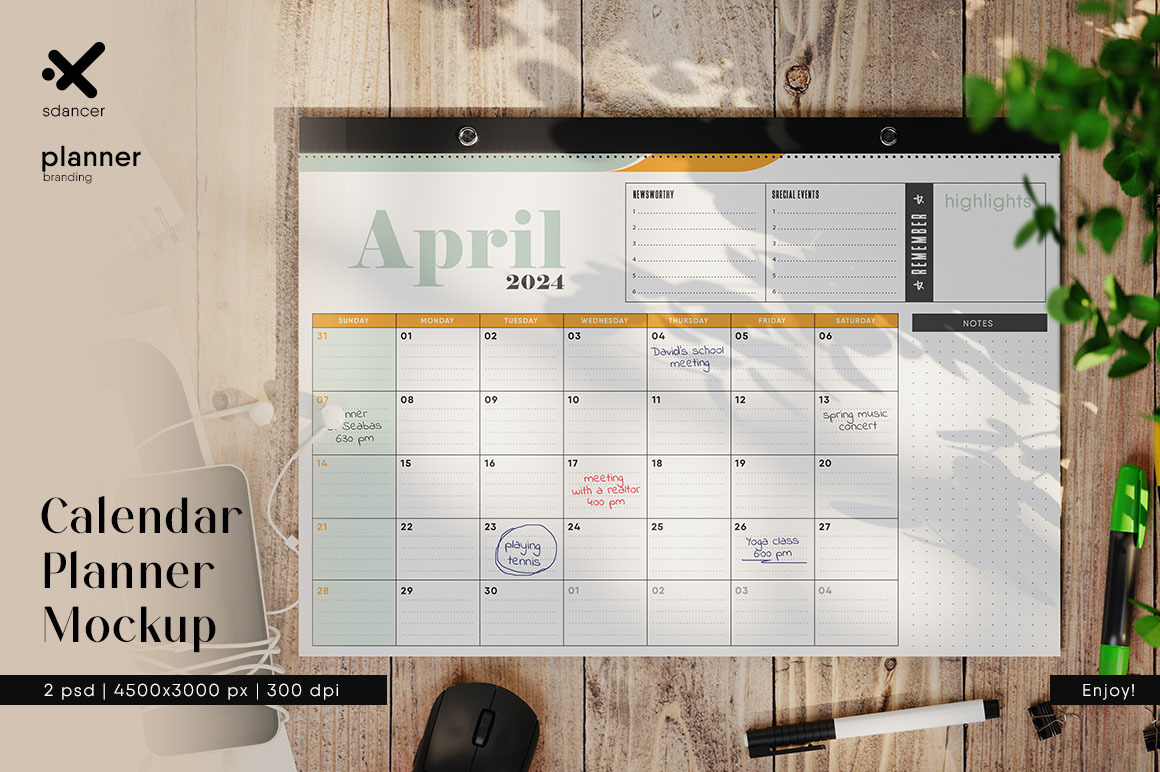 Wall or Desk Calendar Planner Mockup