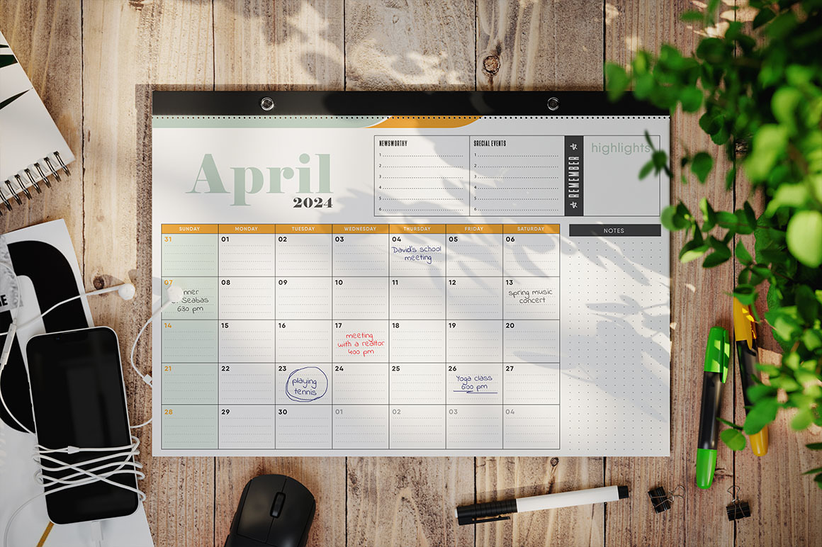 Wall or Desk Calendar Planner Mockup