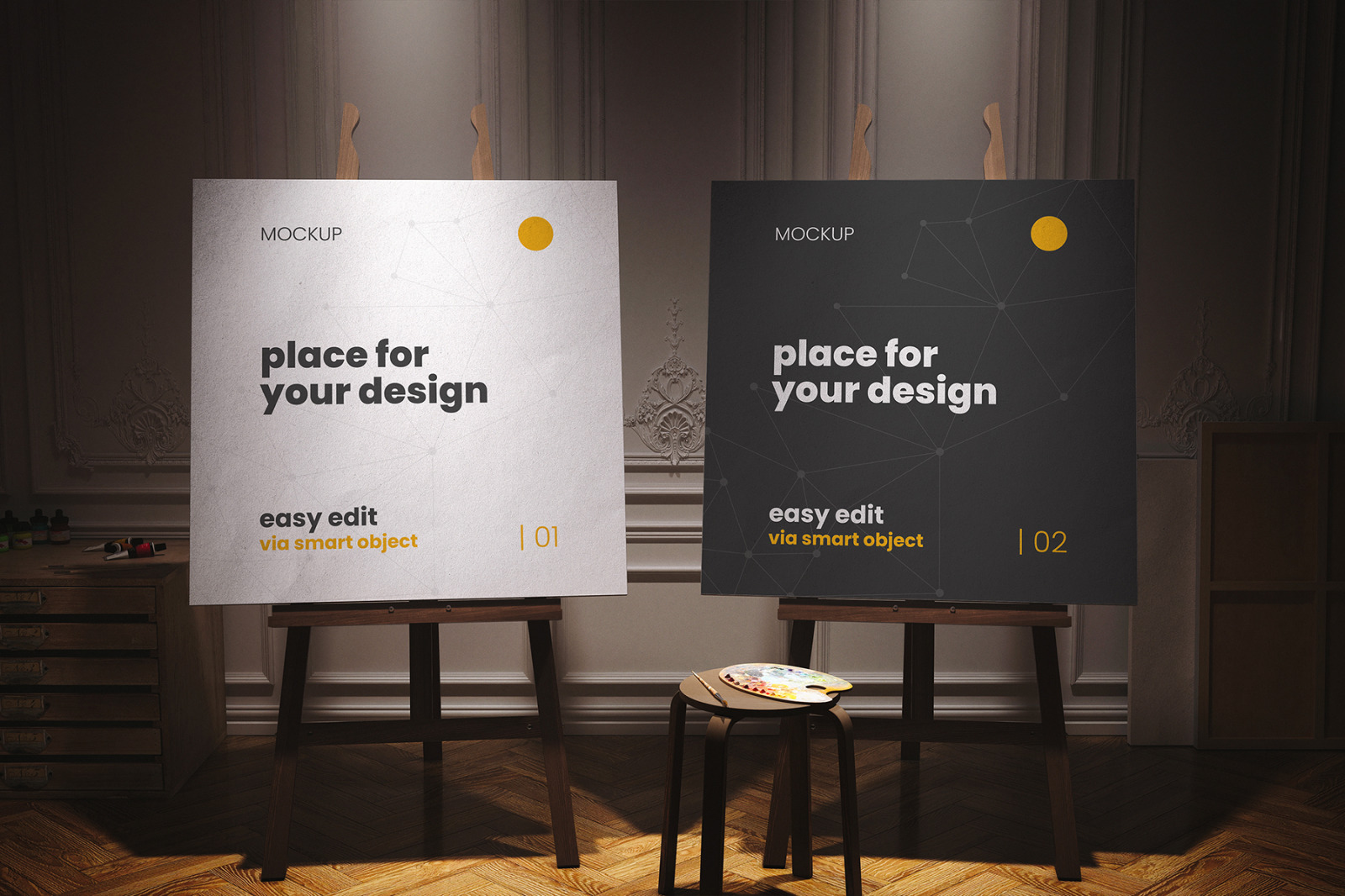 Atelier Painter Stand Canvas Spotlight Mockups Atelier Painter Stand Canvas Spotlight Mockups