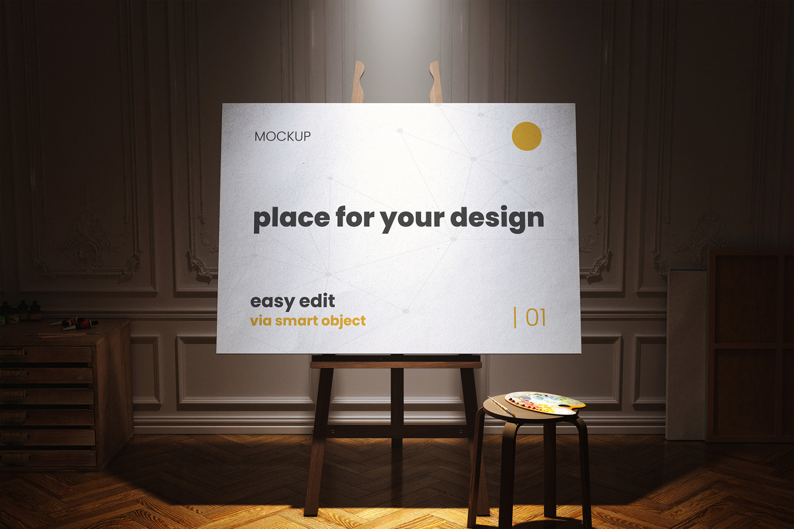 Atelier Painter Stand Canvas Spotlight Mockups Atelier Painter Stand Canvas Spotlight Mockups