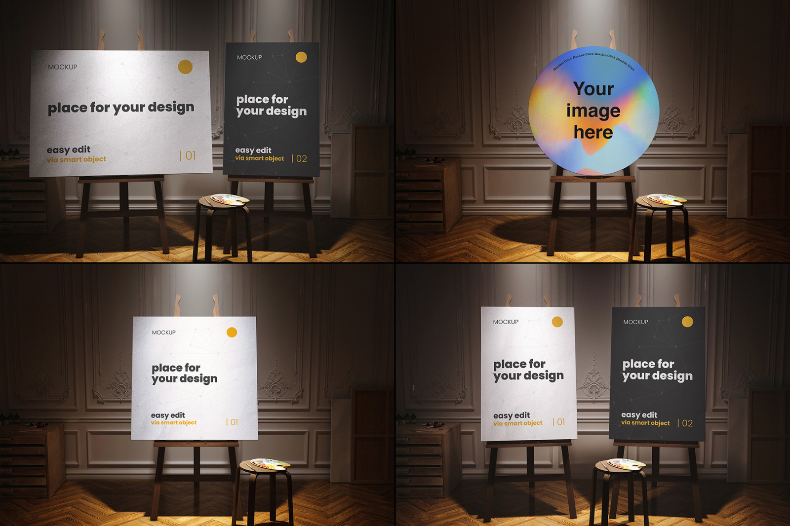 Atelier Painter Stand Canvas Spotlight Mockups Atelier Painter Stand Canvas Spotlight Mockups