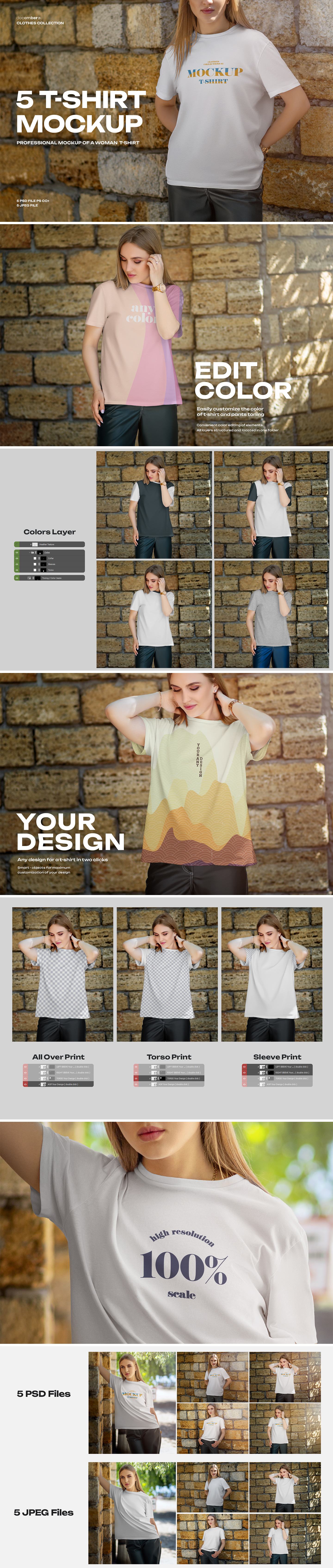 5 Mockups T-Shirt on a Girl in the Outdoor