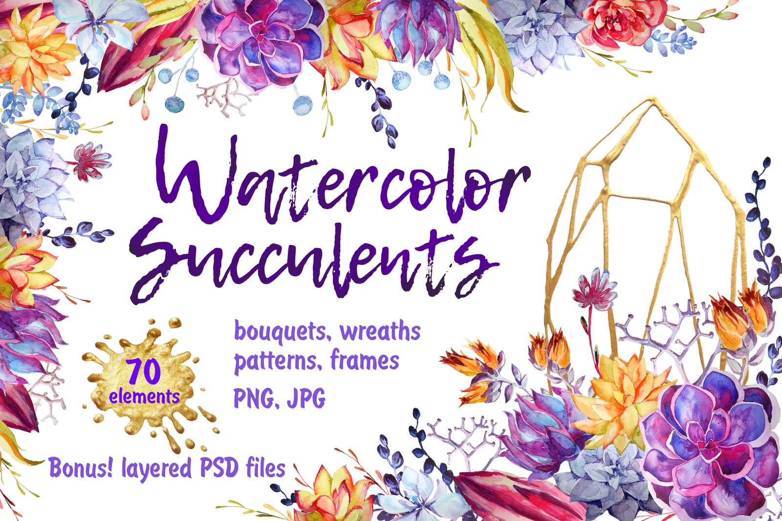 Watercolor Succulents Clipart + PSD