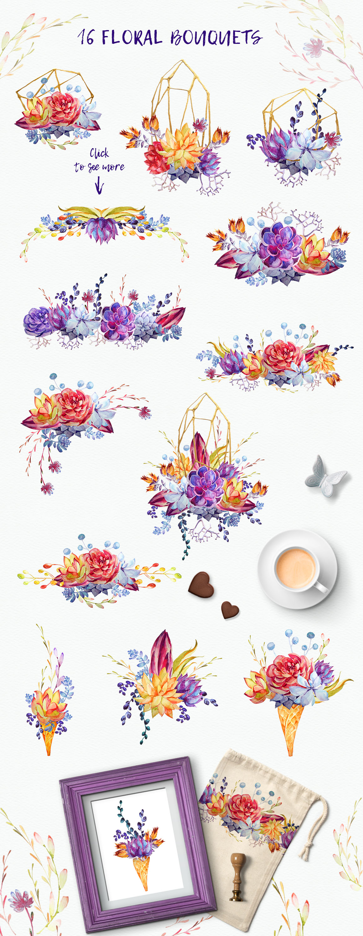 Watercolor Succulents Clipart + PSD