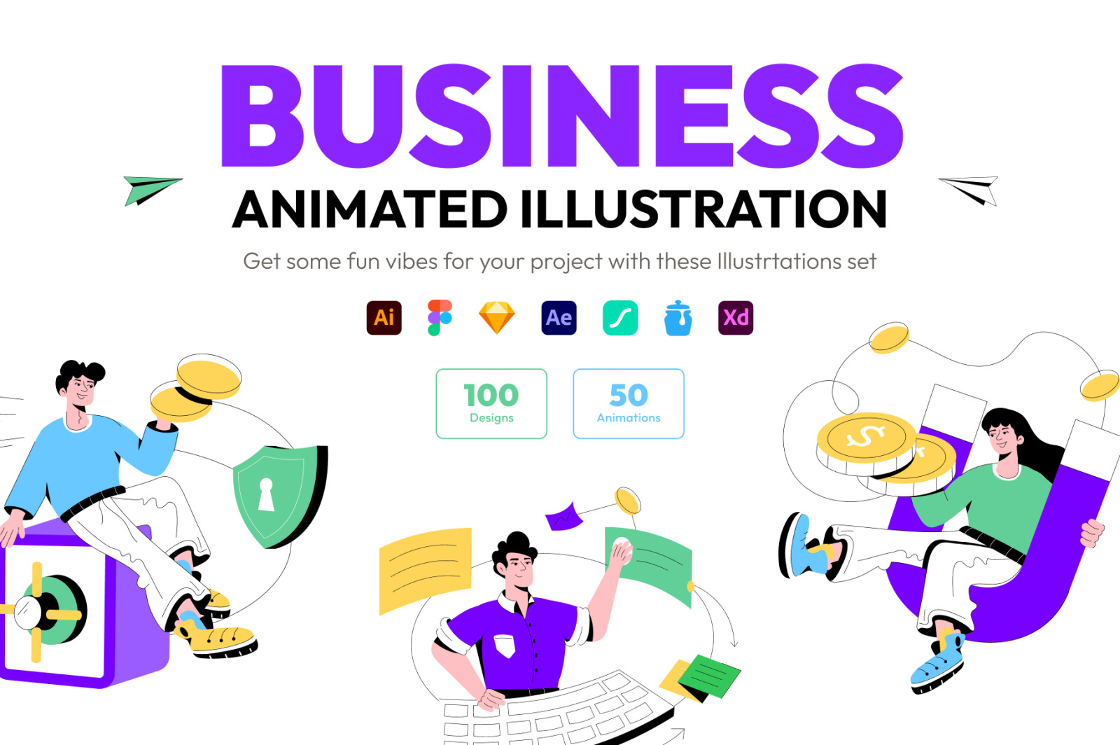 Animated Business Illustrations on Yellow Images Creative Store