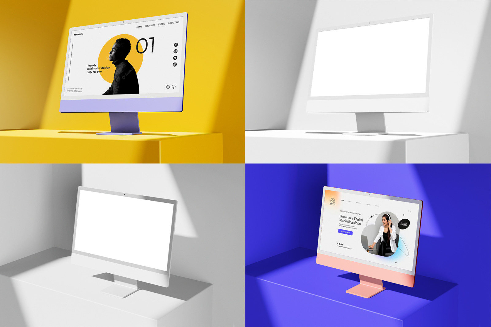 iMac 24 Inch Screen Minimal Modern Scene PSD Mockup Pack iMac 24 Inch Screen Minimal Modern Scene PSD Mockup Pack