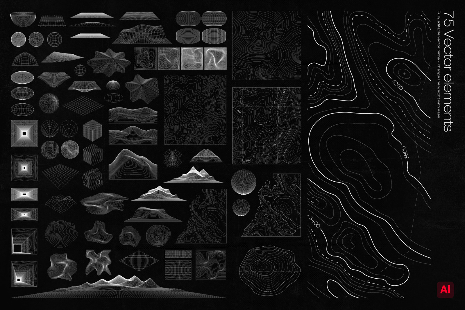 75 Wireframe Topo Elements Vectors