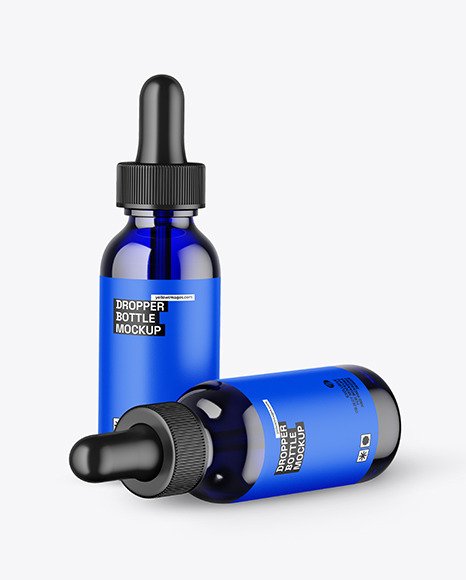 Two Blue Glass Dropper Bottles Mockup