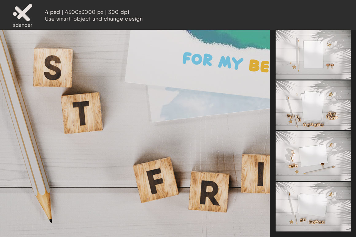 Postcard on the White Wooden Surface Mockup