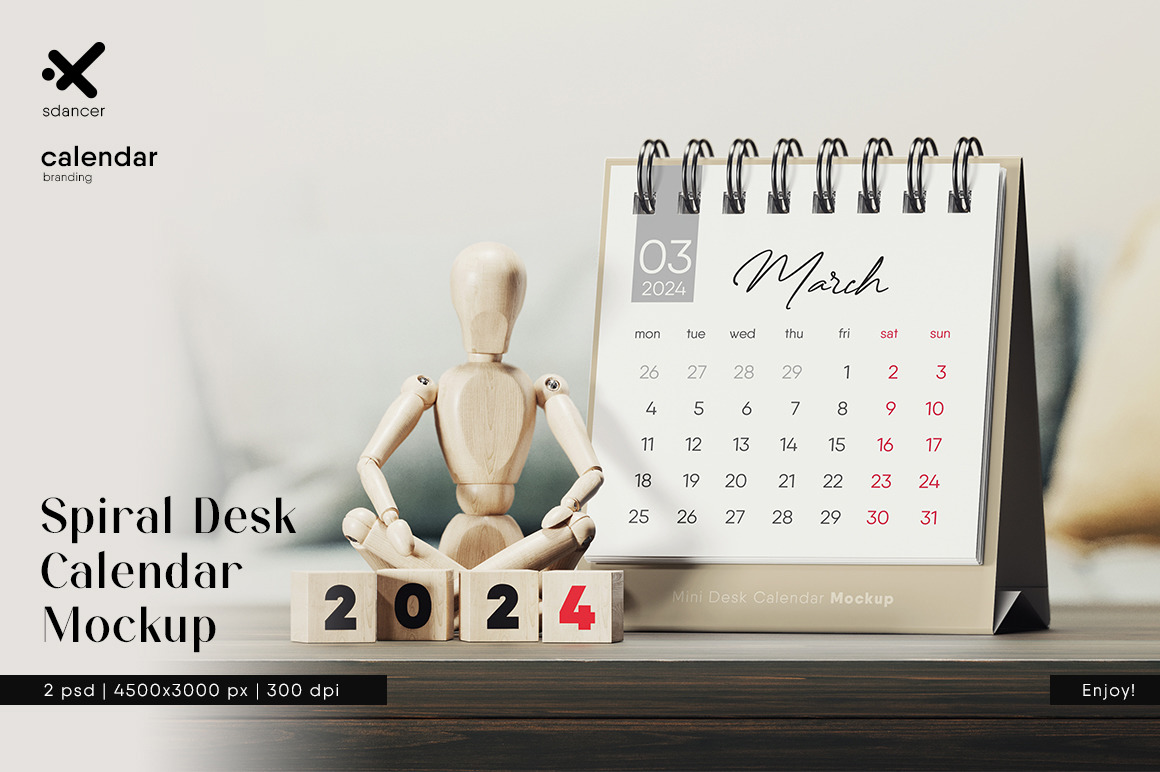 Spiral Desk Calendar with Wooden Man Mockup