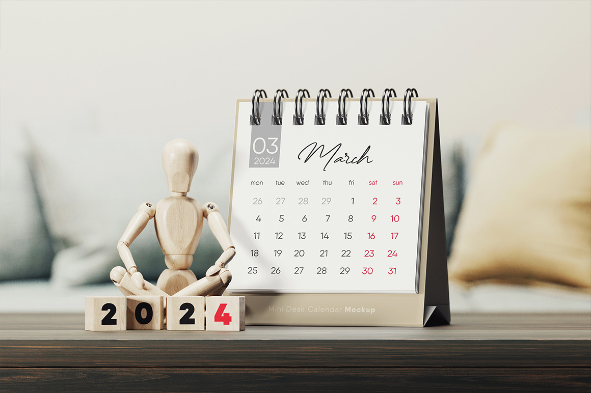 Spiral Desk Calendar with Wooden Man Mockup