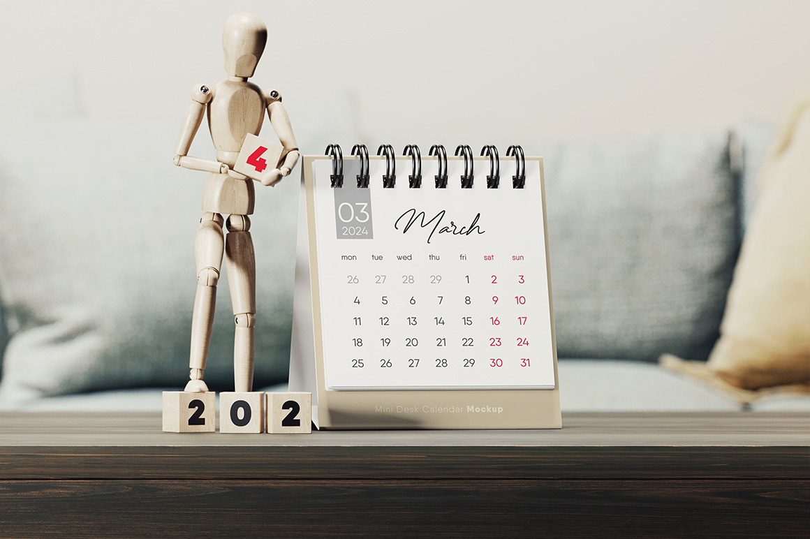 Spiral Desk Calendar with Wooden Man Mockup