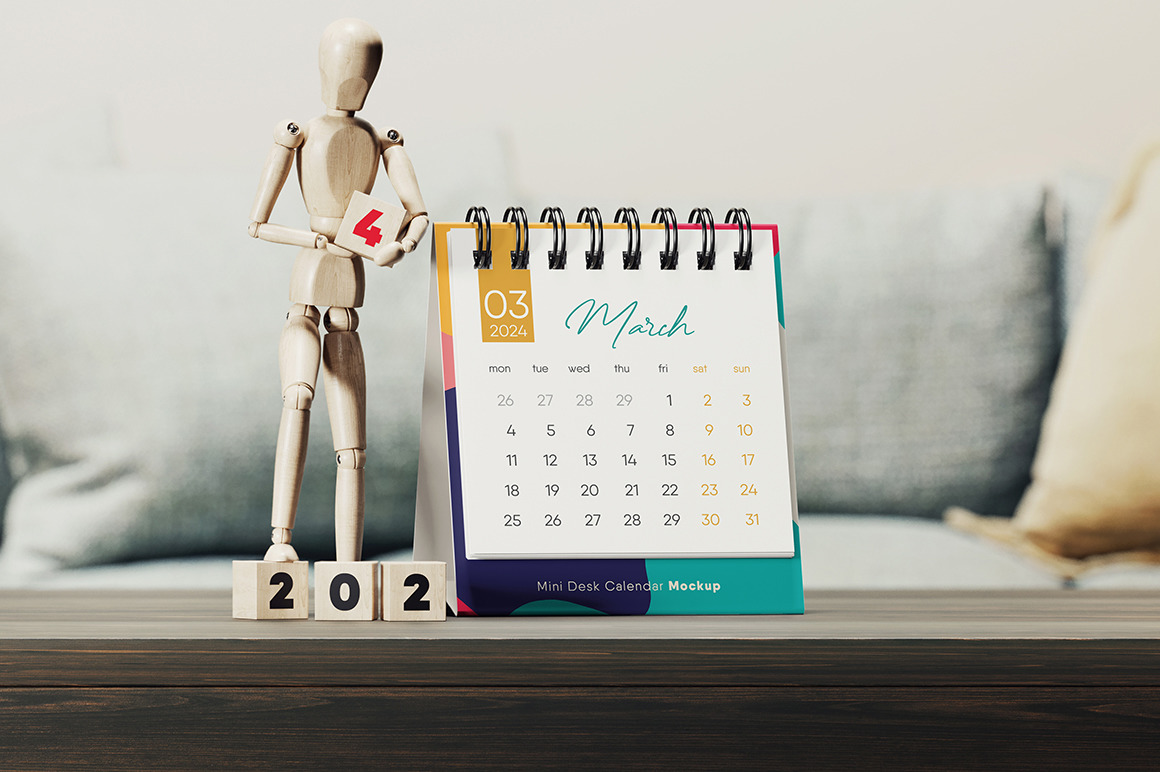 Spiral Desk Calendar with Wooden Man Mockup