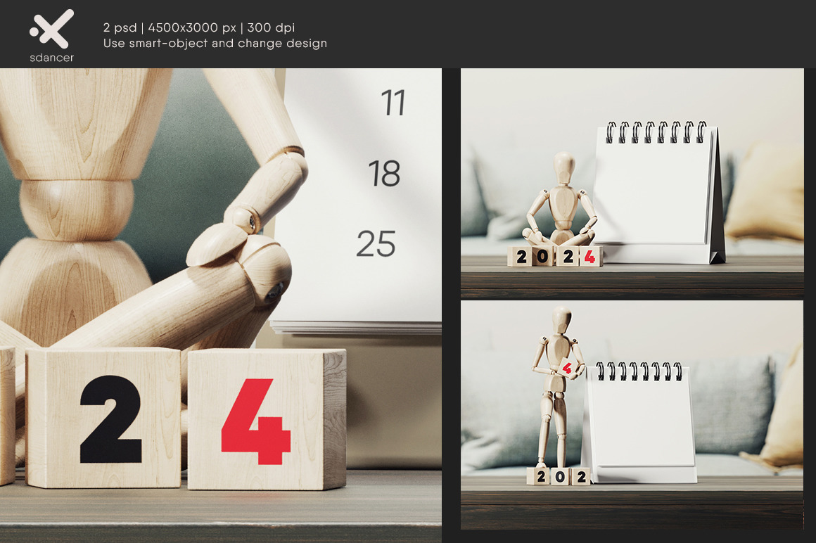 Spiral Desk Calendar with Wooden Man Mockup