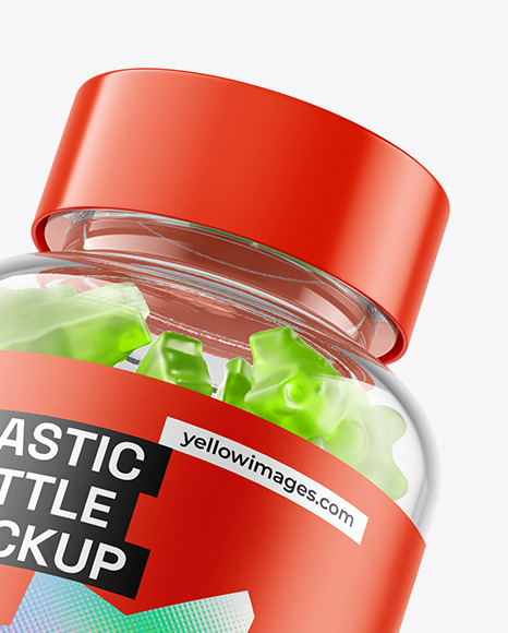 Plastic Bottle with Flying Gummies Mockup