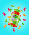 Glossy Plastic Bottle with Flying Gummies Mockup