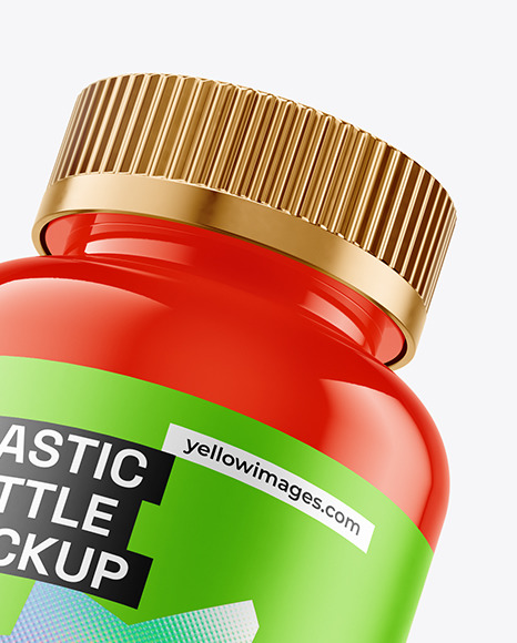 Glossy Plastic Bottle with Flying Gummies Mockup