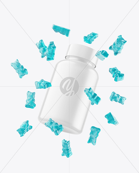 Matte Plastic Bottle with Flying Gummies Mockup