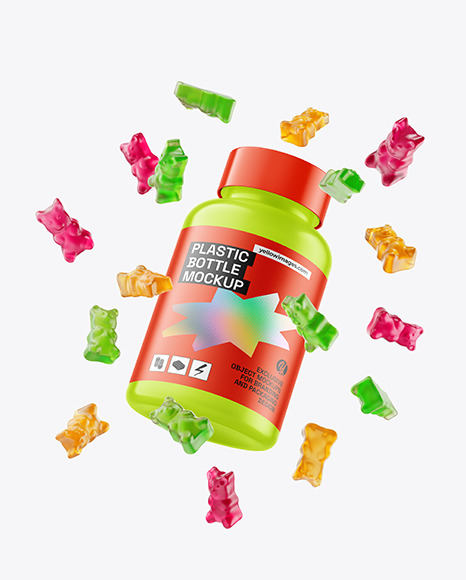 Matte Plastic Bottle with Flying Gummies Mockup