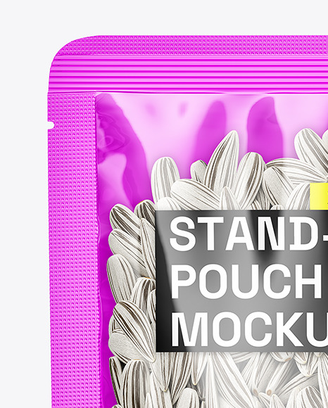 Clear Plastic Stand-Up Pouch w/ White Sunflower Seeds Mockup