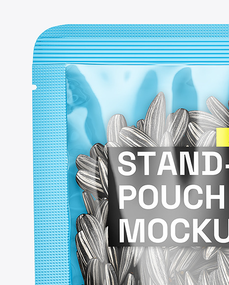 Clear Plastic Stand-Up Pouch w/ Black Sunflower Seeds Mockup