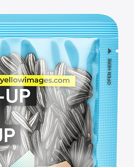 Clear Plastic Stand-Up Pouch w/ Black Sunflower Seeds Mockup