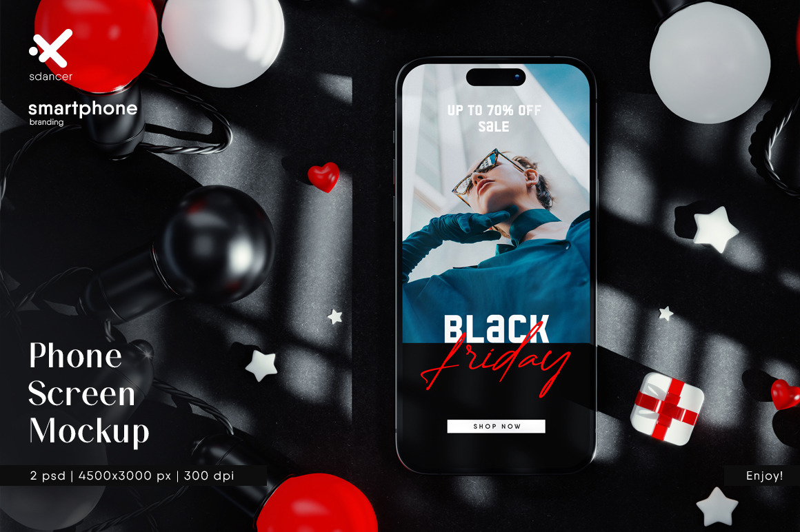 Phone Screen with String Lights Bulbs Black Scene Mockup