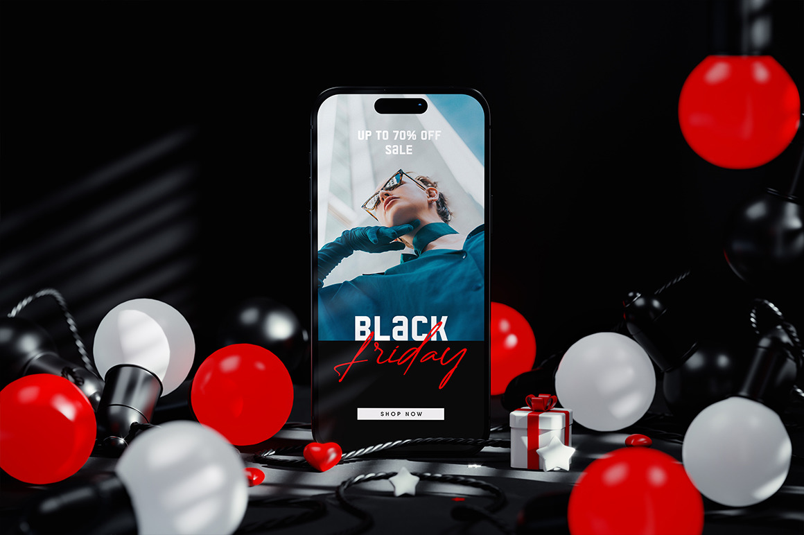 Phone Screen with String Lights Bulbs Black Scene Mockup