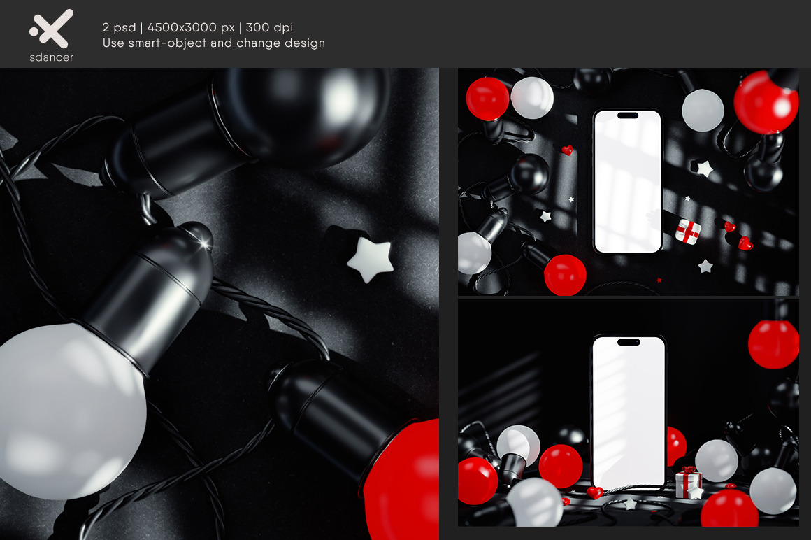 Phone Screen with String Lights Bulbs Black Scene Mockup