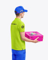 Delivery Man with Three Pizza Boxes Mockup