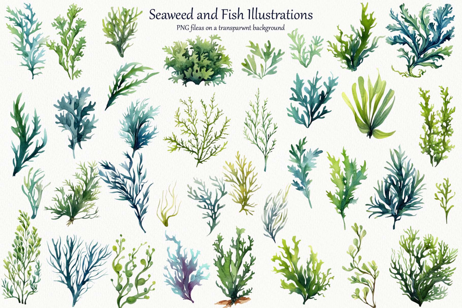 Seaweed Watercolor clipart. Coral Reef Clipart.