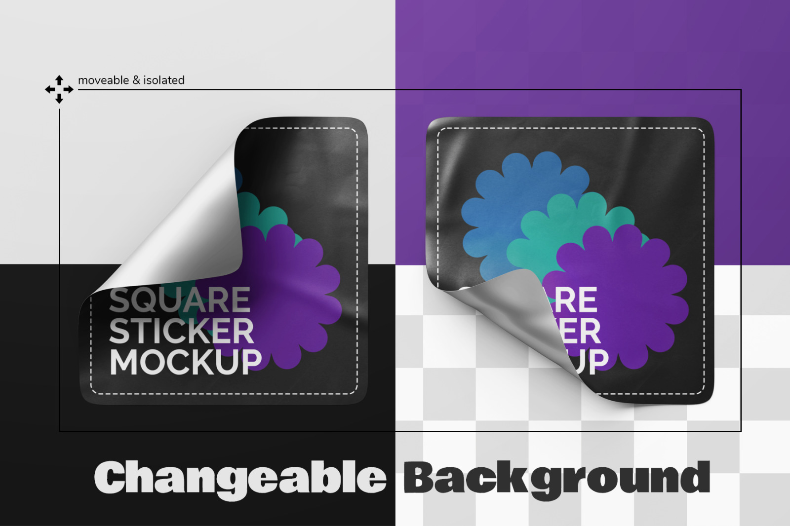 Square Sticker Label Mockup Set - 9 PSD