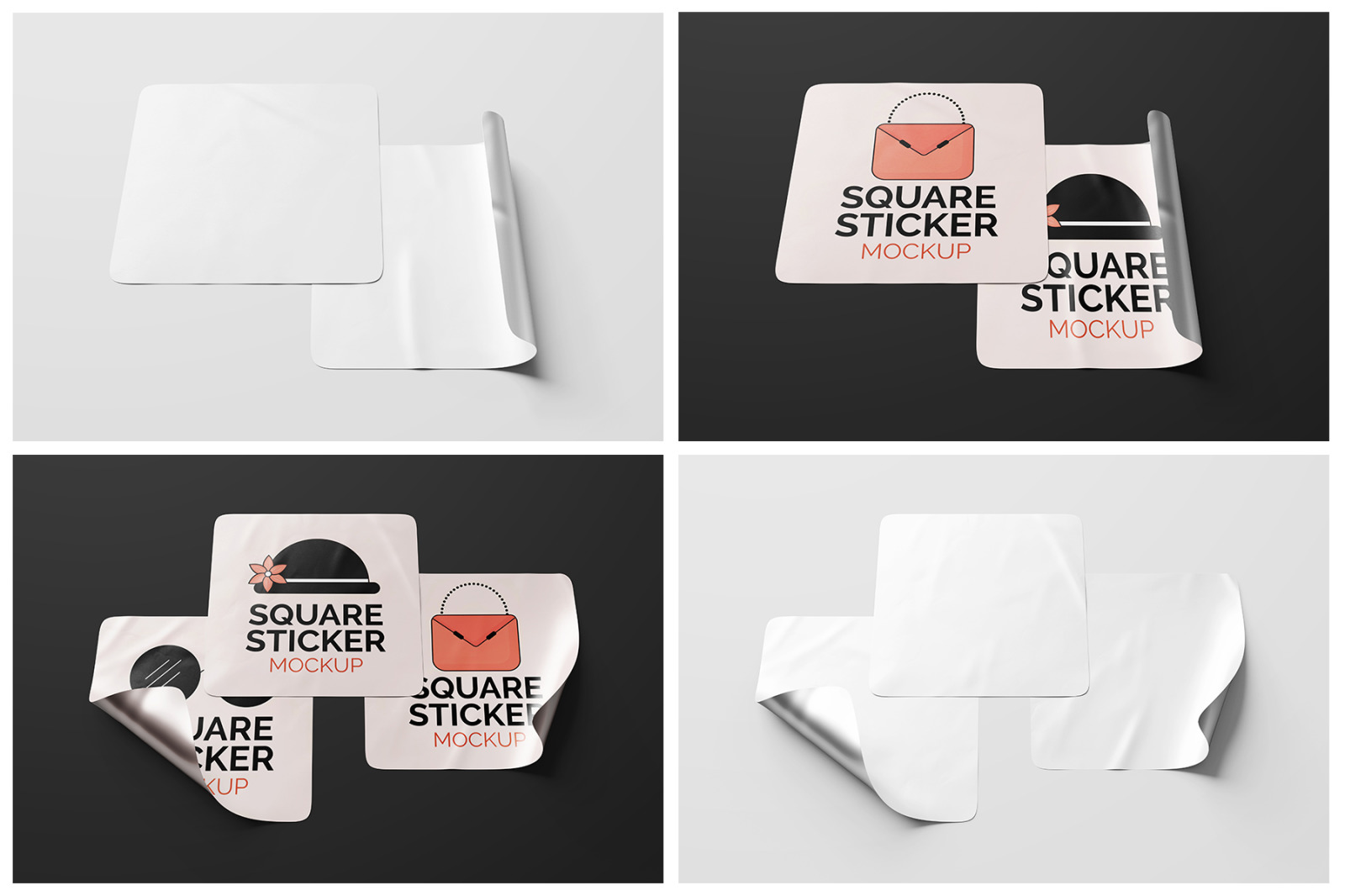 Square Sticker Label Mockup Set - 9 PSD