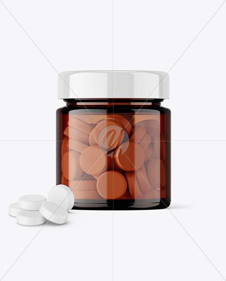 Amber Glass Jar with Tablets Mockup