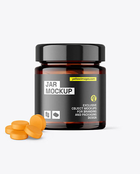 Amber Glass Jar with Tablets Mockup